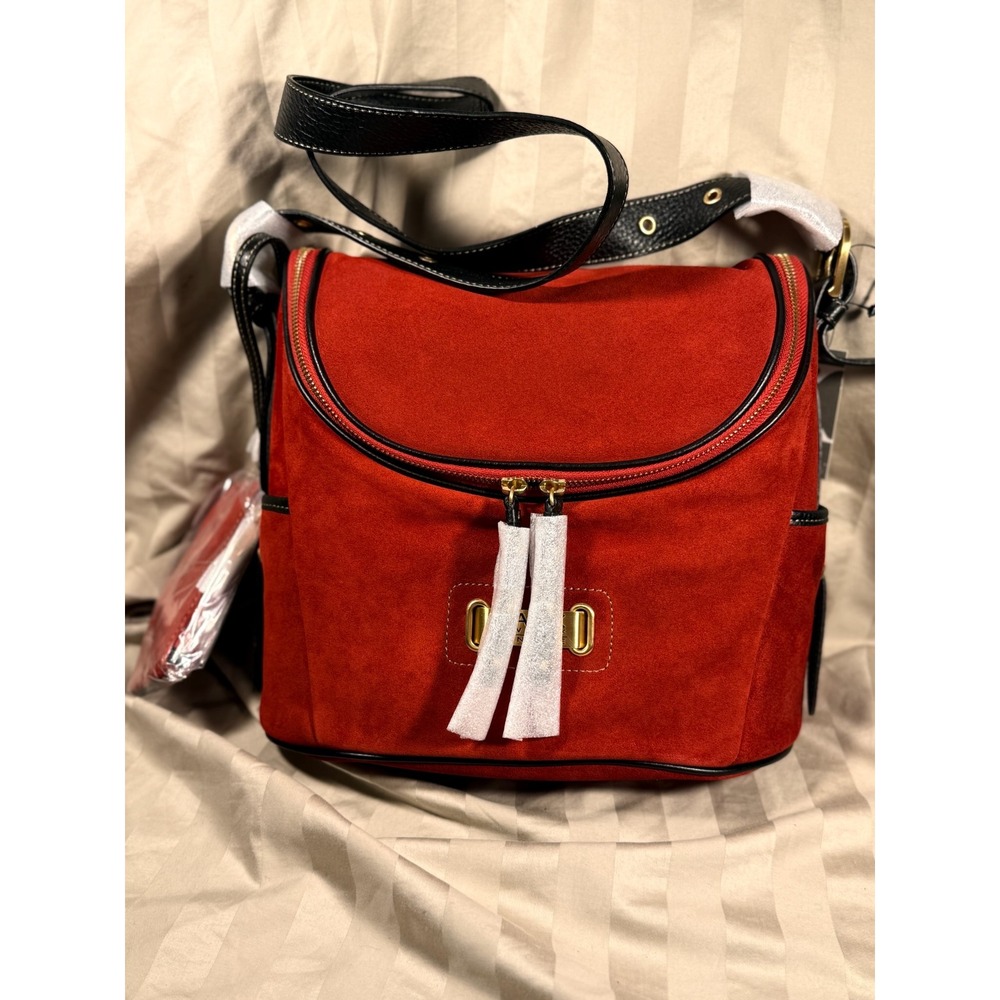 Maxx New York Signature Red Suede Black Leather Trim Shoulder Bag Hobo NWT
